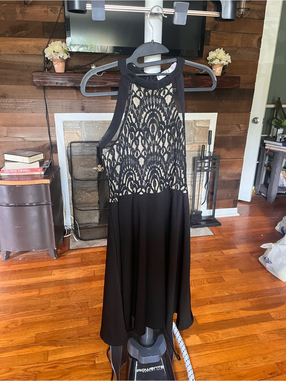 Black & Ivory Lace Halter Mini Dress for Women